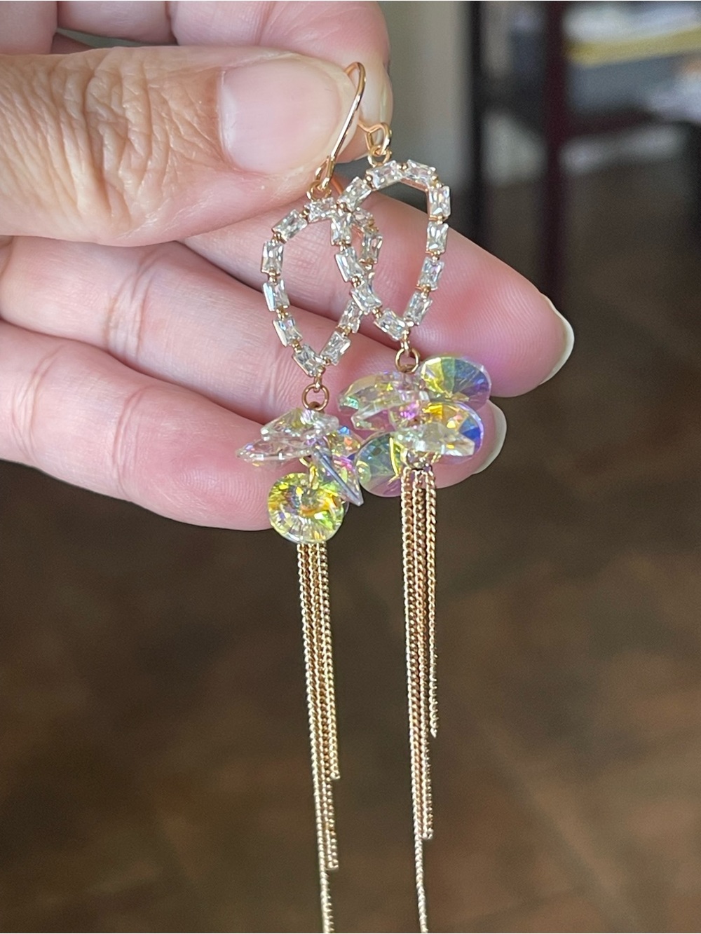 Crystal Drop Tassel Earrings - Iridescent & Gold